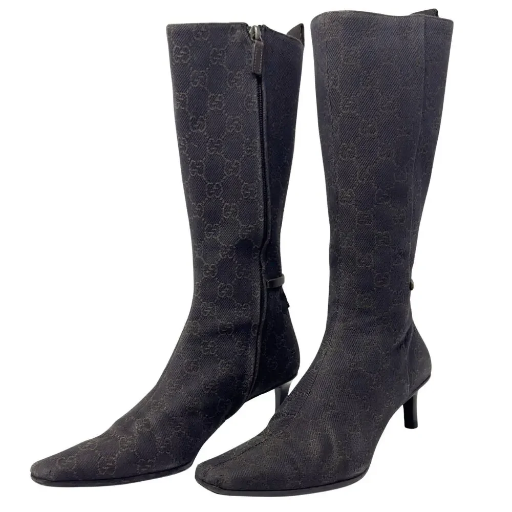Gucci Boots Knee High Tall Brown Monogram GG‎ Logo Western Cowboy Heels 37.5
